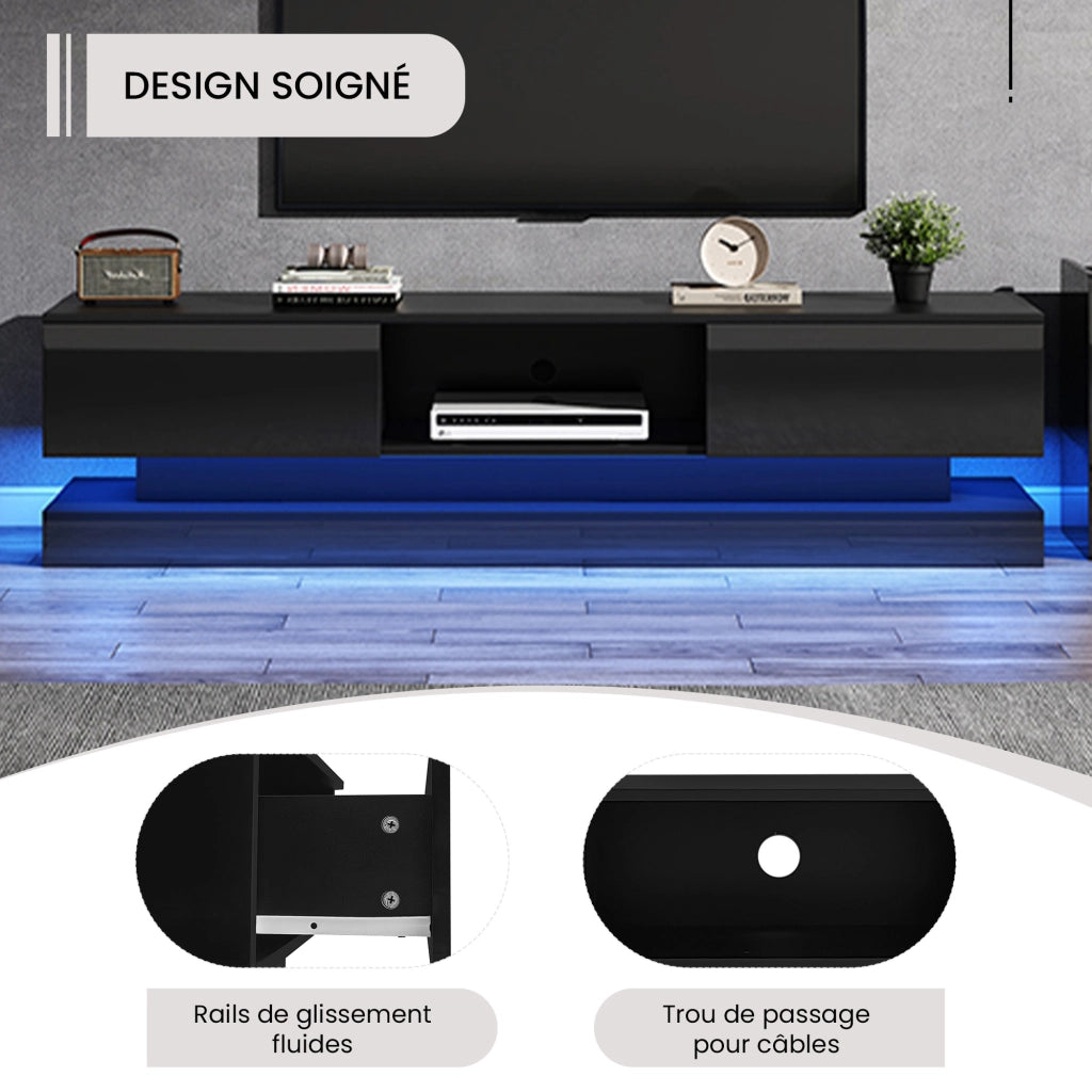Mobile TV con LED multicolore via app; 2 cassetti; passacavi; nero lucido; 160 × 35 × 40.5 cm
