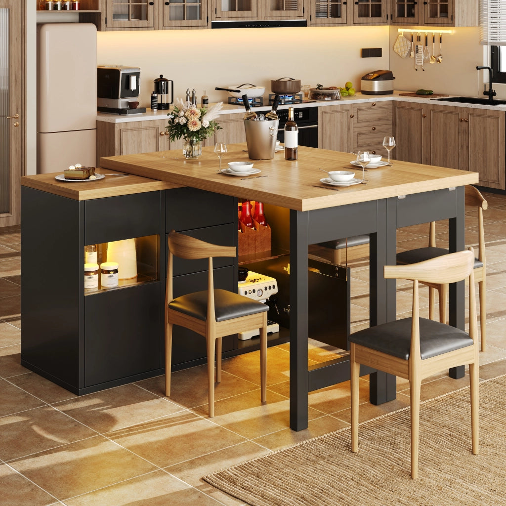 Mobile contenitore girevole per cucina con piano estensibile, ante in vetro e 4 cassetti, nero 120 × 40 × 73.8 cm