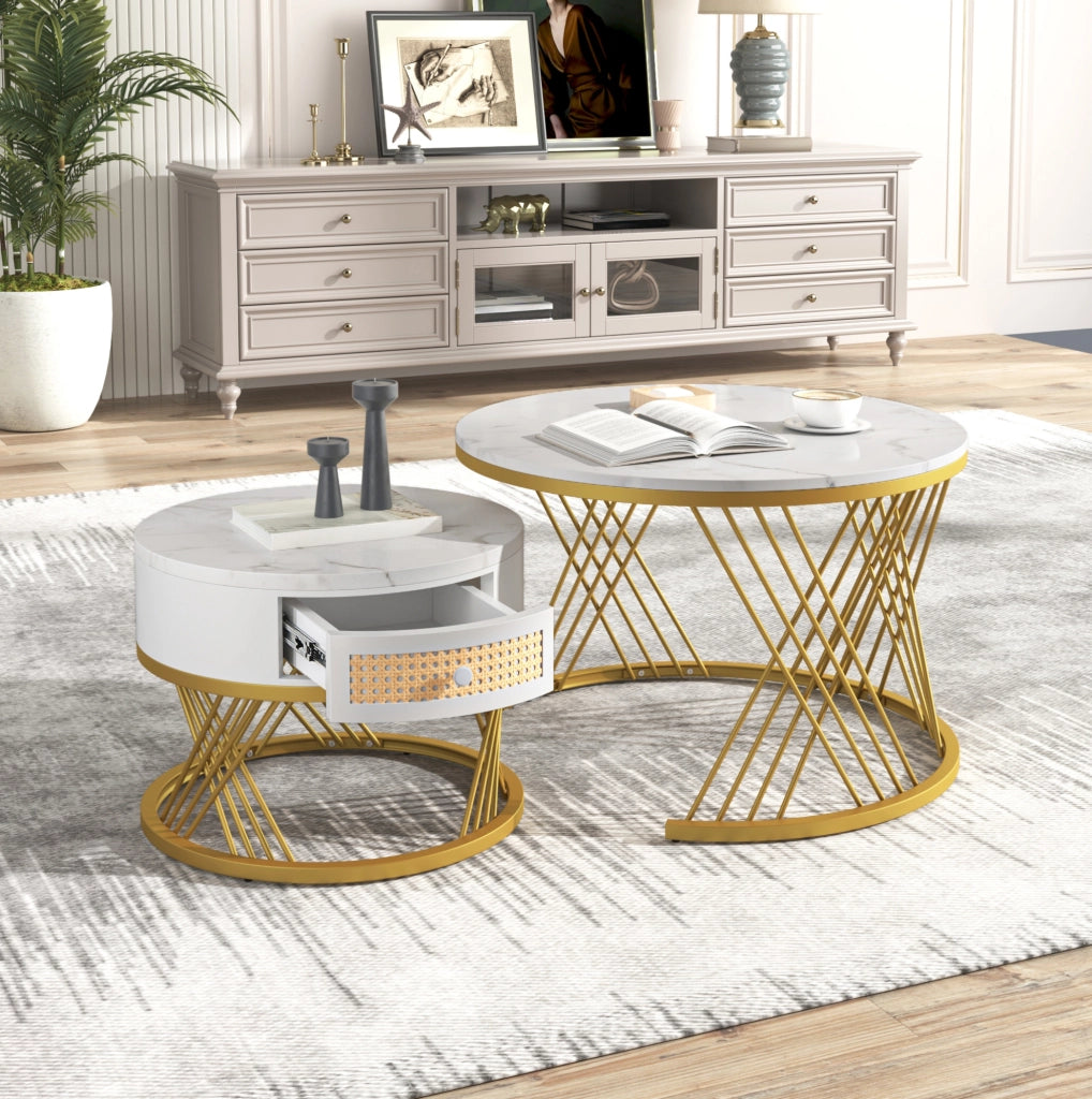 Set di 2 tavolini rotondi in MDF con cassetto; bianco e oro