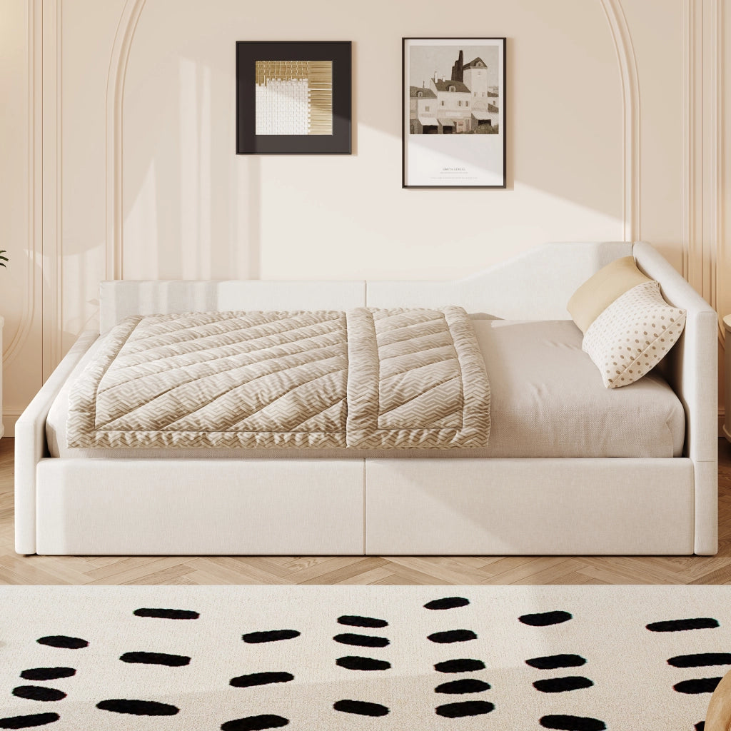 Letto contenitore 140 × 200 cm con vano sottoletto rivestito in lino struttura in MDF e compensato beige