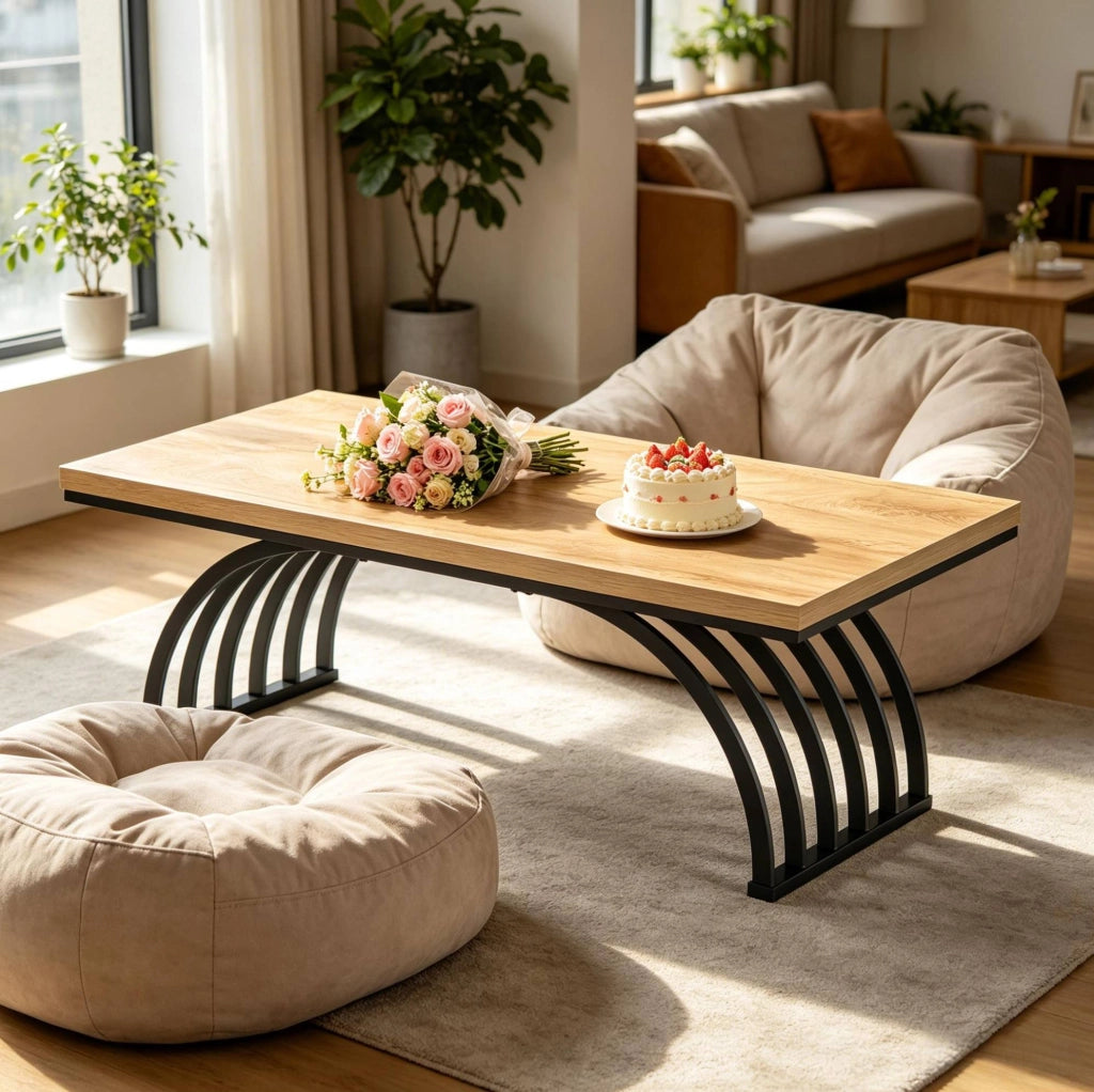 Tavolino da caffè 120 cm con piano in legno e struttura in metallo nero e marrone