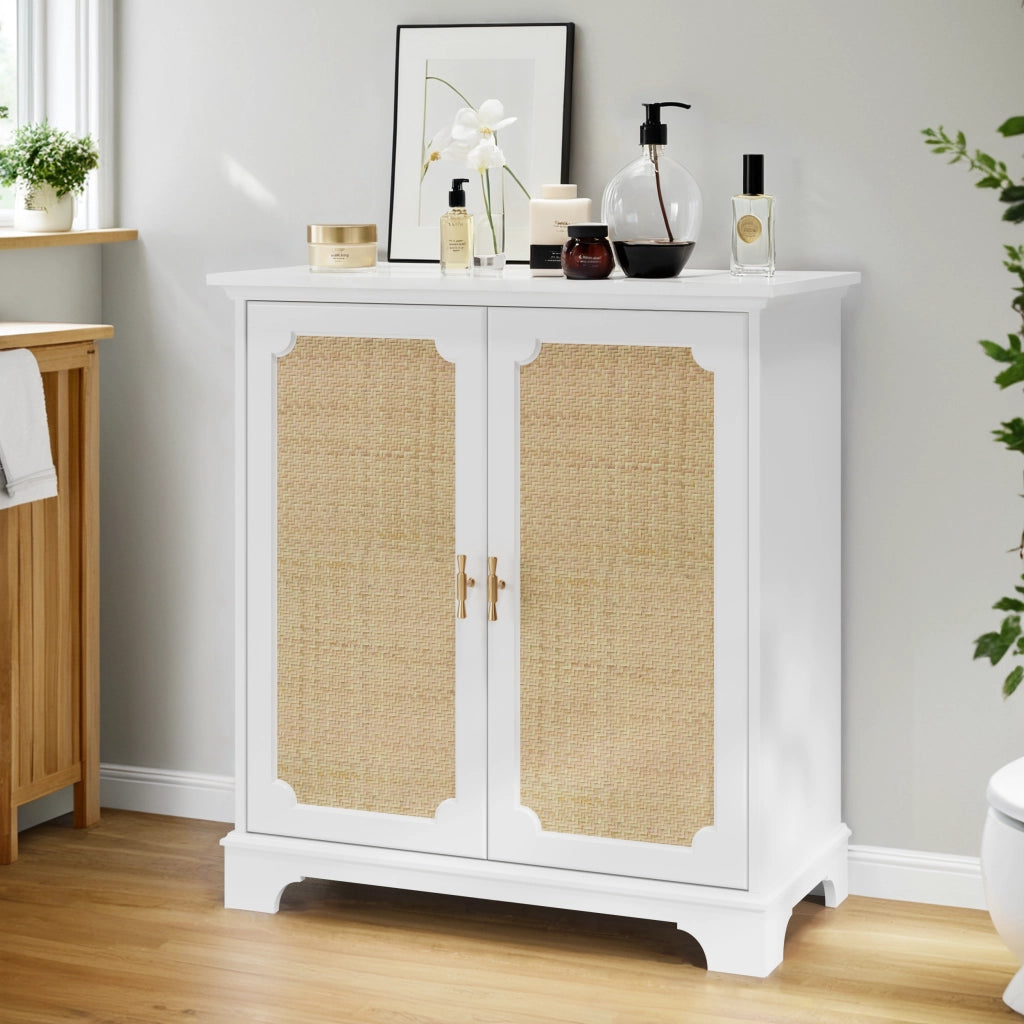 Credenza con due ante in rattan e gambe in legno ripiano regolabile MDF bianca per cucina e soggiorno 80 × 38 × 86 cm