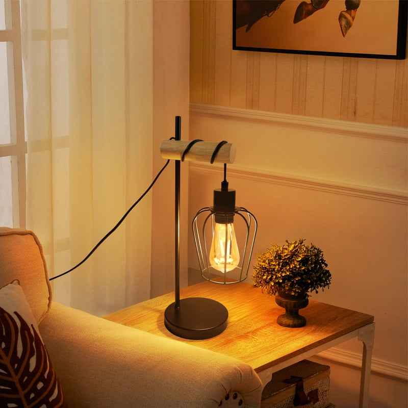 ZMH Lampada da tavolo vintage legno nera metallo E27 1 luce senza lampadina per soggiorno comodino