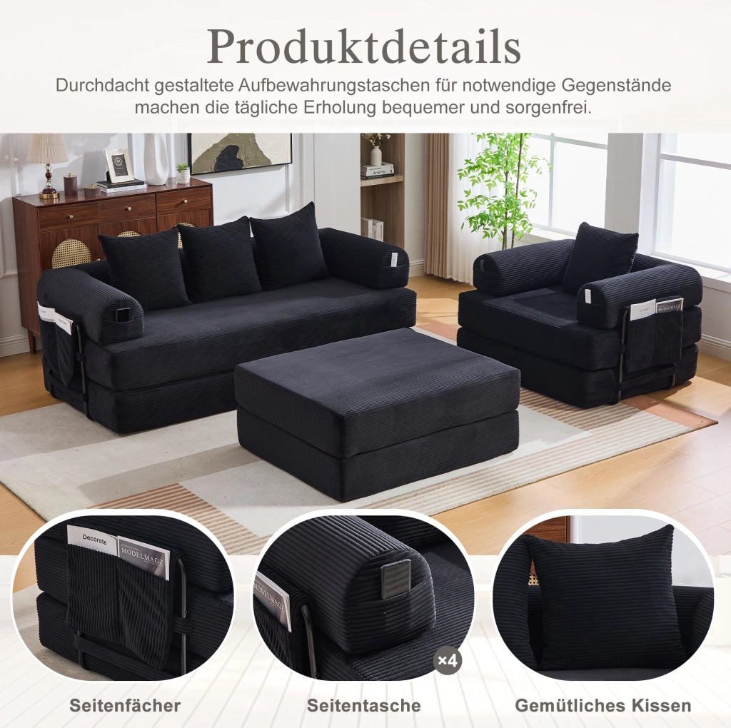 Divano modulare in velluto a coste nero con poltrona e pouf