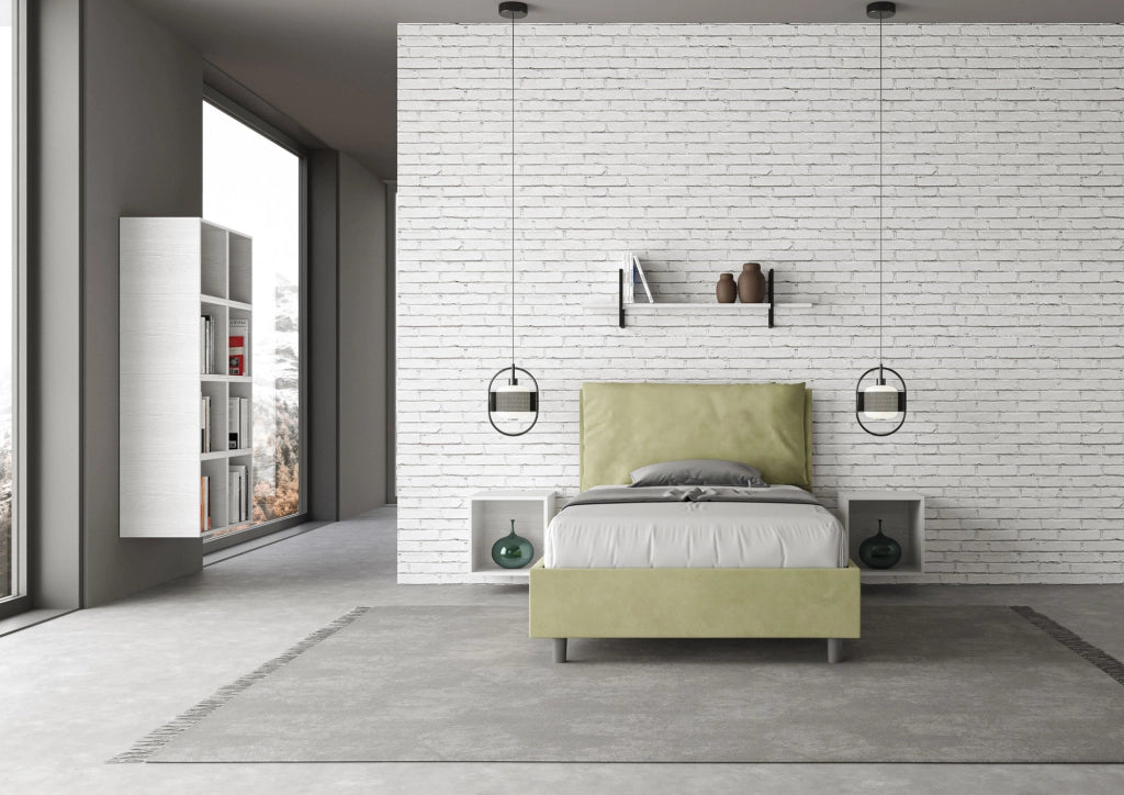Letto 1 Piazza E Mezzo 130x200 cm con Rete e Contenitore Imbottito in Microfibra Antea Large Tè Verde