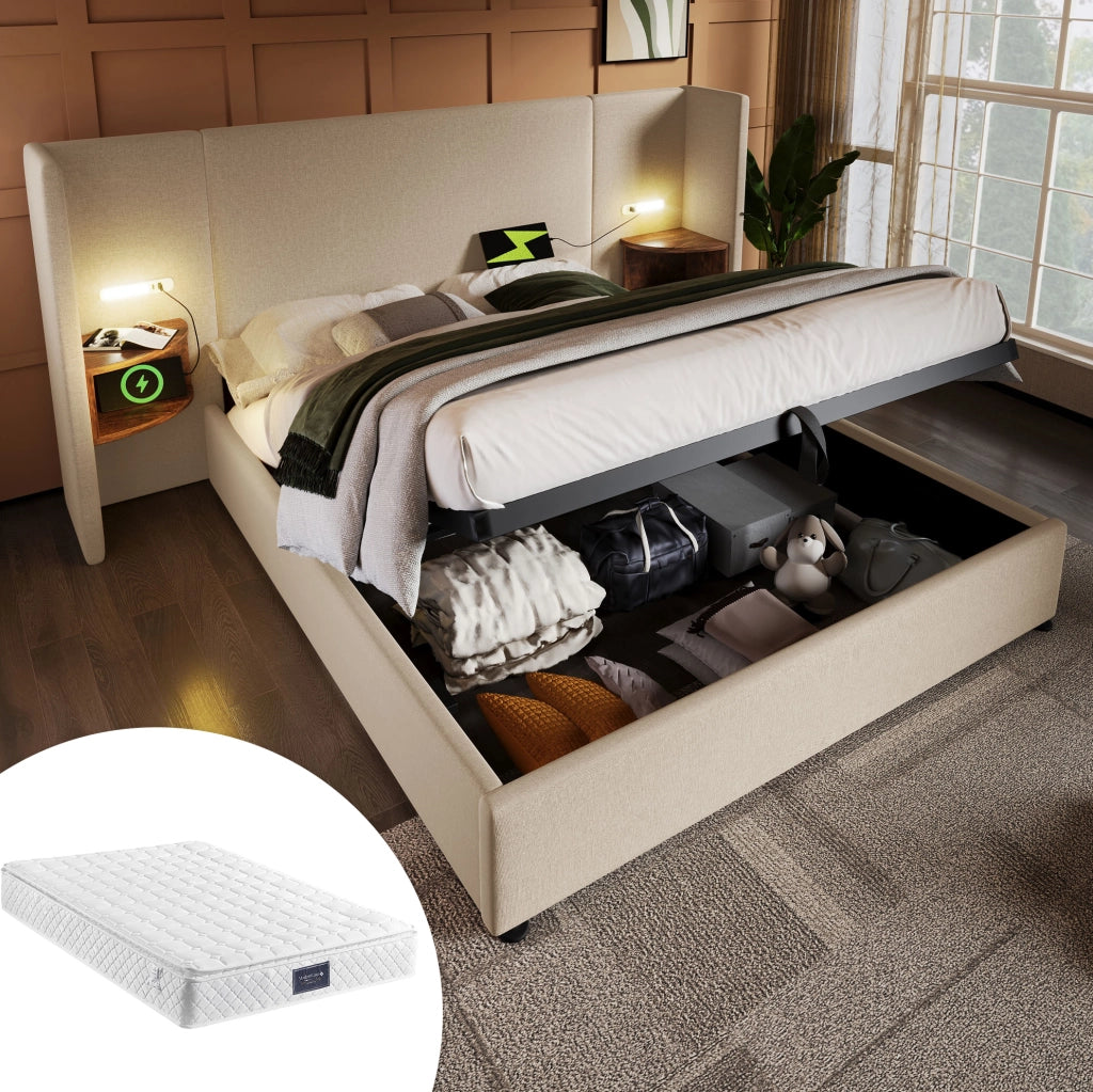 Letto matrimoniale 160x200 cm in lino beige con contenitore, LED e materasso