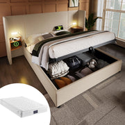 Letto matrimoniale 160x200 cm in lino beige con contenitore, LED e materasso