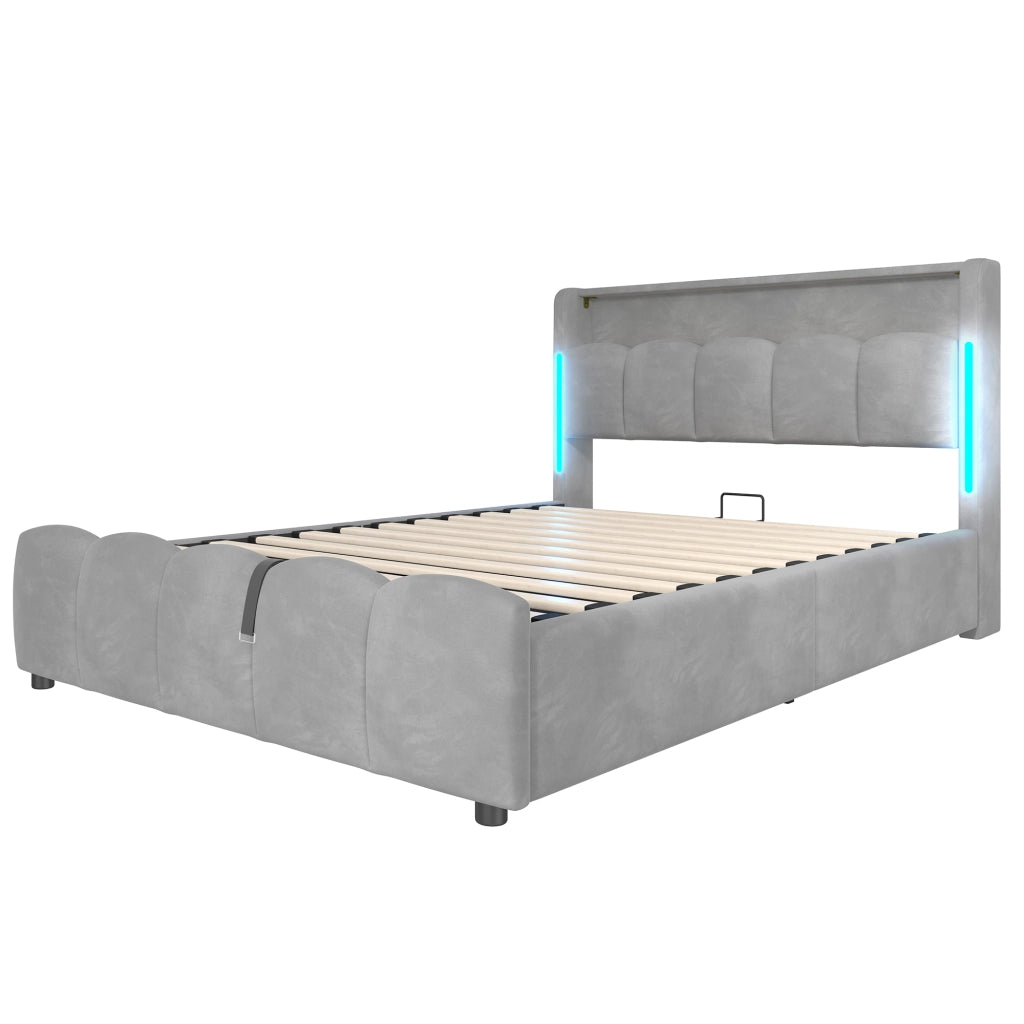 Letto contenitore 140 × 200 cm matrimoniale con vano idraulico; LED; USB e Type-C; senza materasso; in velluto grigio