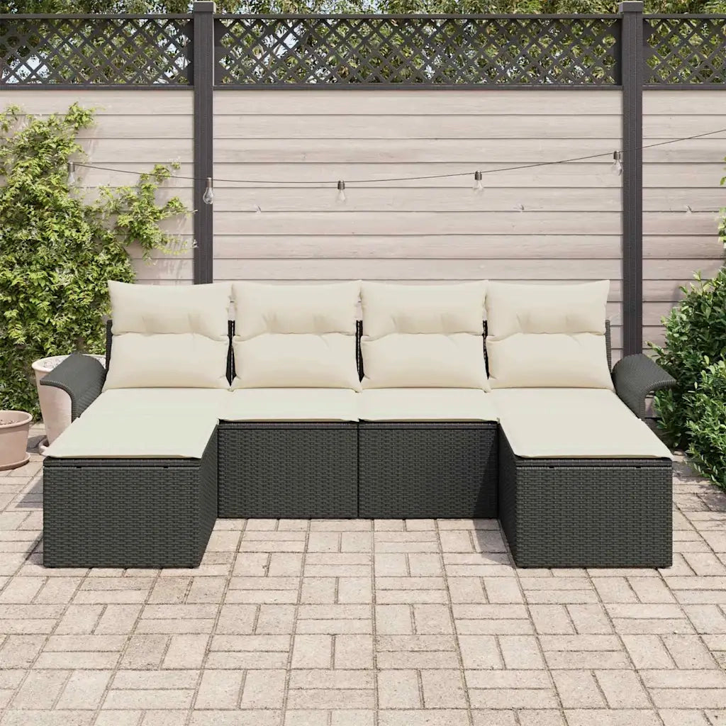 Set Divano da Giardino con cuscino 6 pz | Set Salotto da Giardino Nero polyrattan