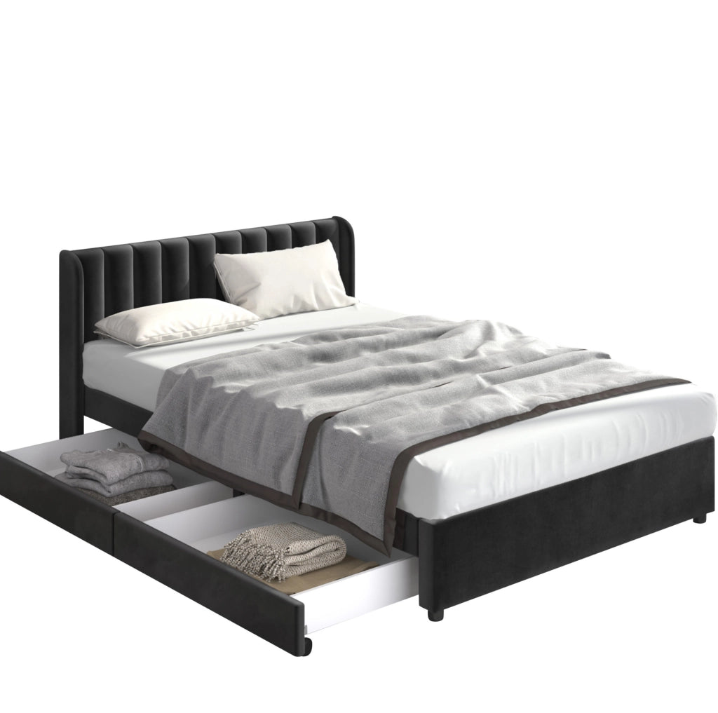 Letto 180x200 cm con 2 cassetti e rete a doghe, rivestimento in velluto nero