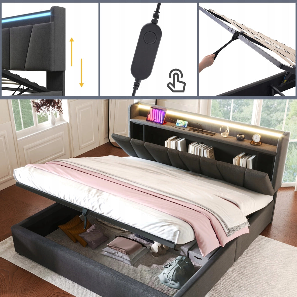 Letto imbottito con LED e USB - Xylo - 140x200 - Grigio