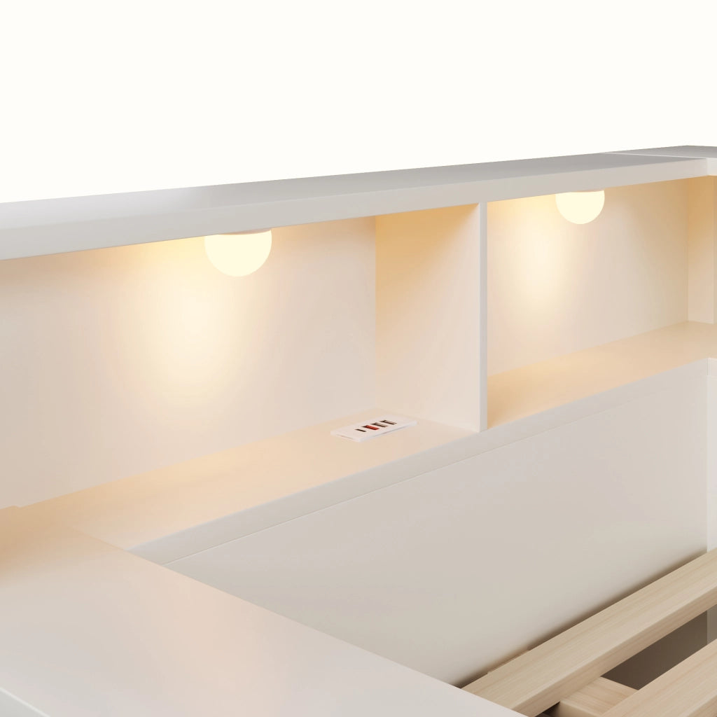 Letto 140x190 cm con vani portaoggetti; luci e porte di ricarica in legno bianco