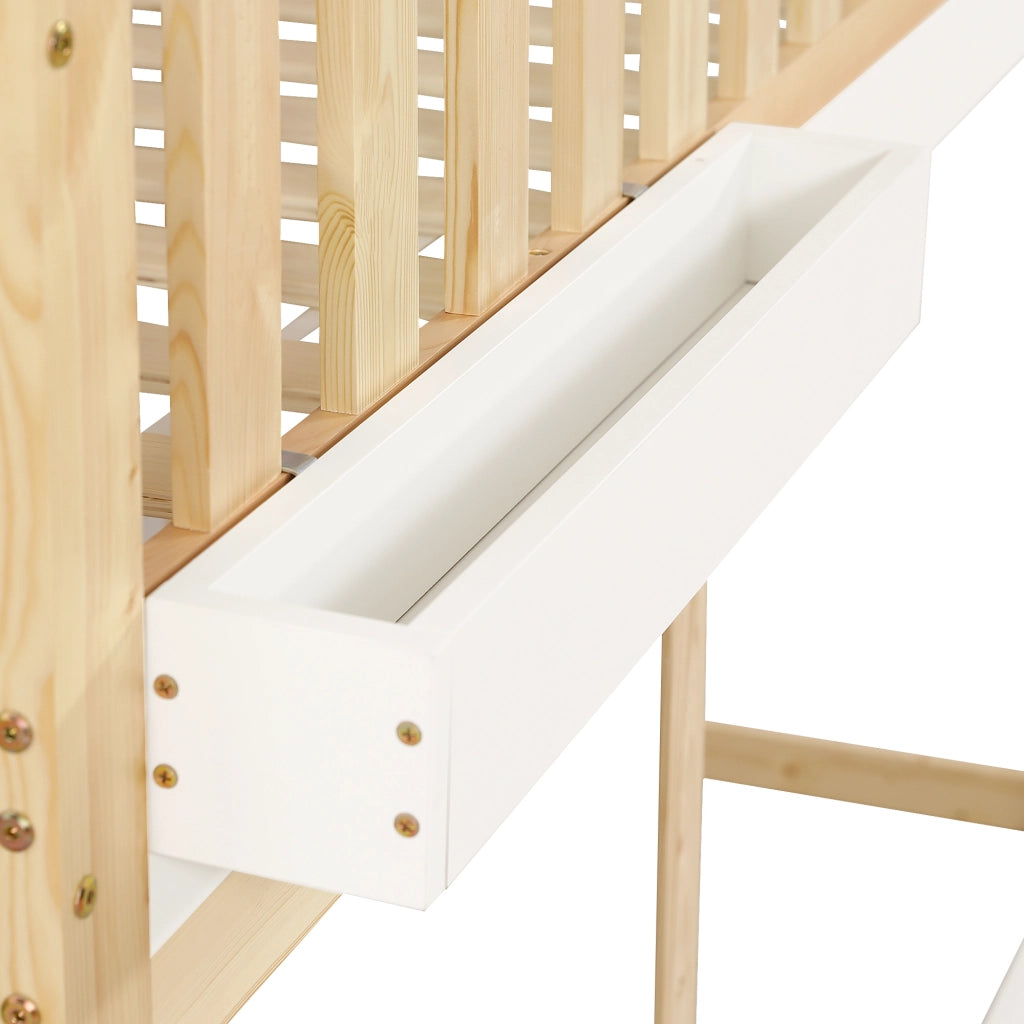 Letto a soppalco 90 × 200 cm con lavagnetta; box portaoggetti e scala a 3 gradini in legno bianco naturale