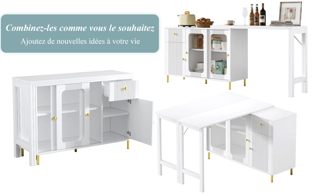 Buffet moderno bianco con tavolo estensibile e pieghevole, ante scorrevoli in vetro, gambe metalliche dorate e motivo ondulato, 116x40x78,5 cm