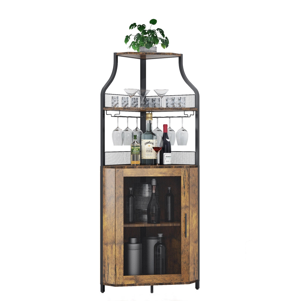 Mobile Bar Angolare Portabottiglie Vintage in Metallo e MDF, 154cm