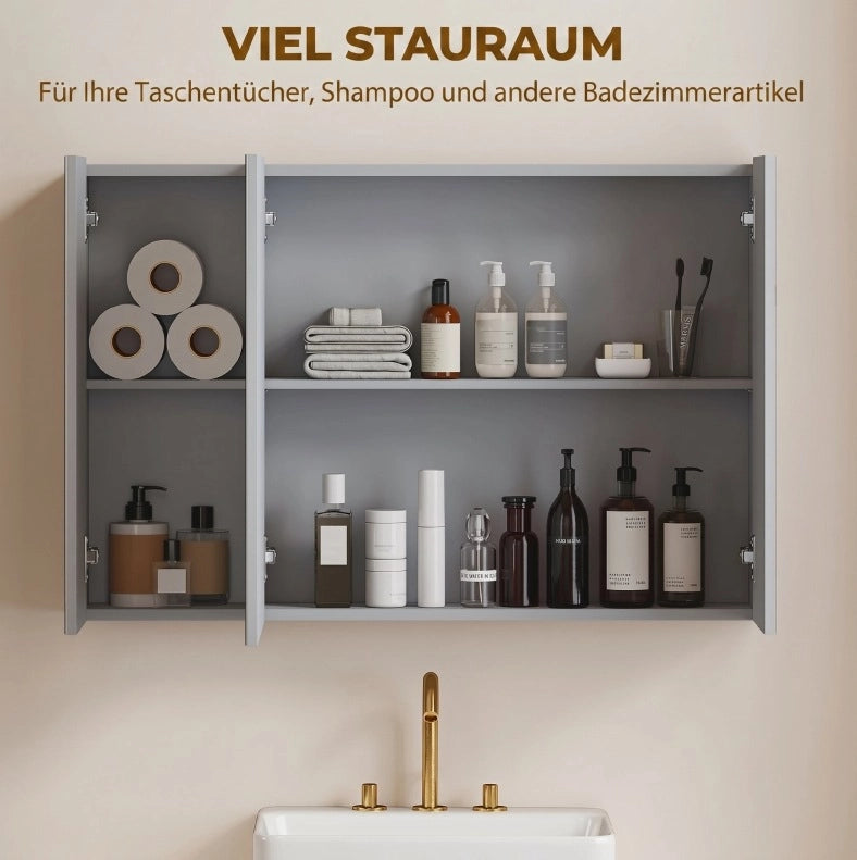 Armadietto a specchio da parete in MDF grigio, 90 cm