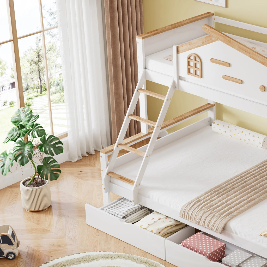 Letto a castello 3 posti 90×200 cm e 140×200 cm con 2 cassetti, mensole e scala inclinata, senza materasso