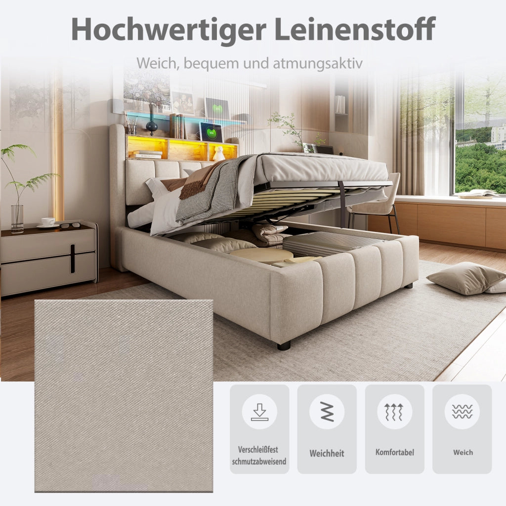 letto imbottito lino beige 90 x 200 cm