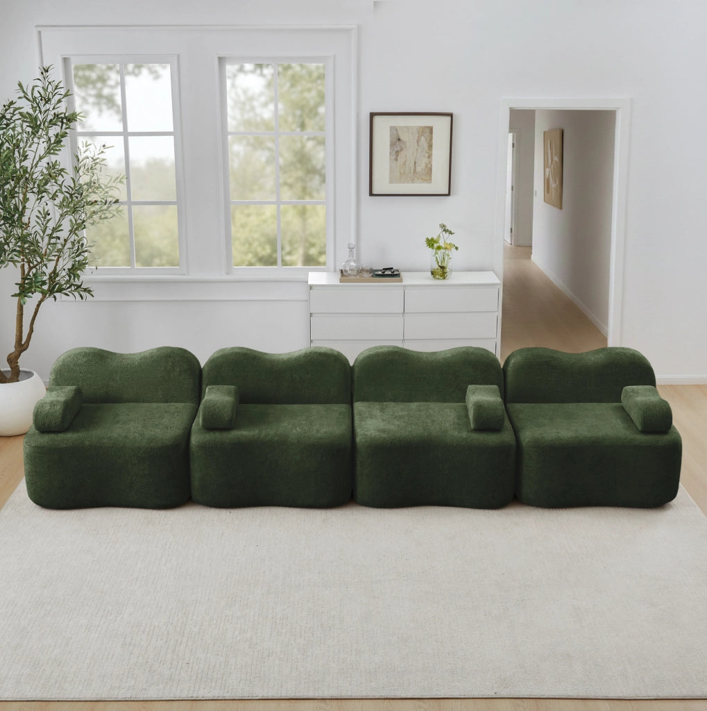 Divano modulare senza struttura interna in velluto verde con schiuma elastica 32D