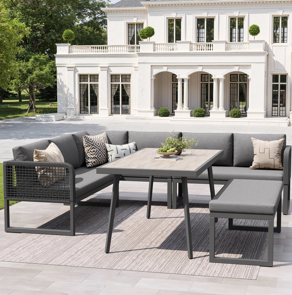 Set divano da giardino; cuscini extra spessi e modularità; PE rattan; grigio