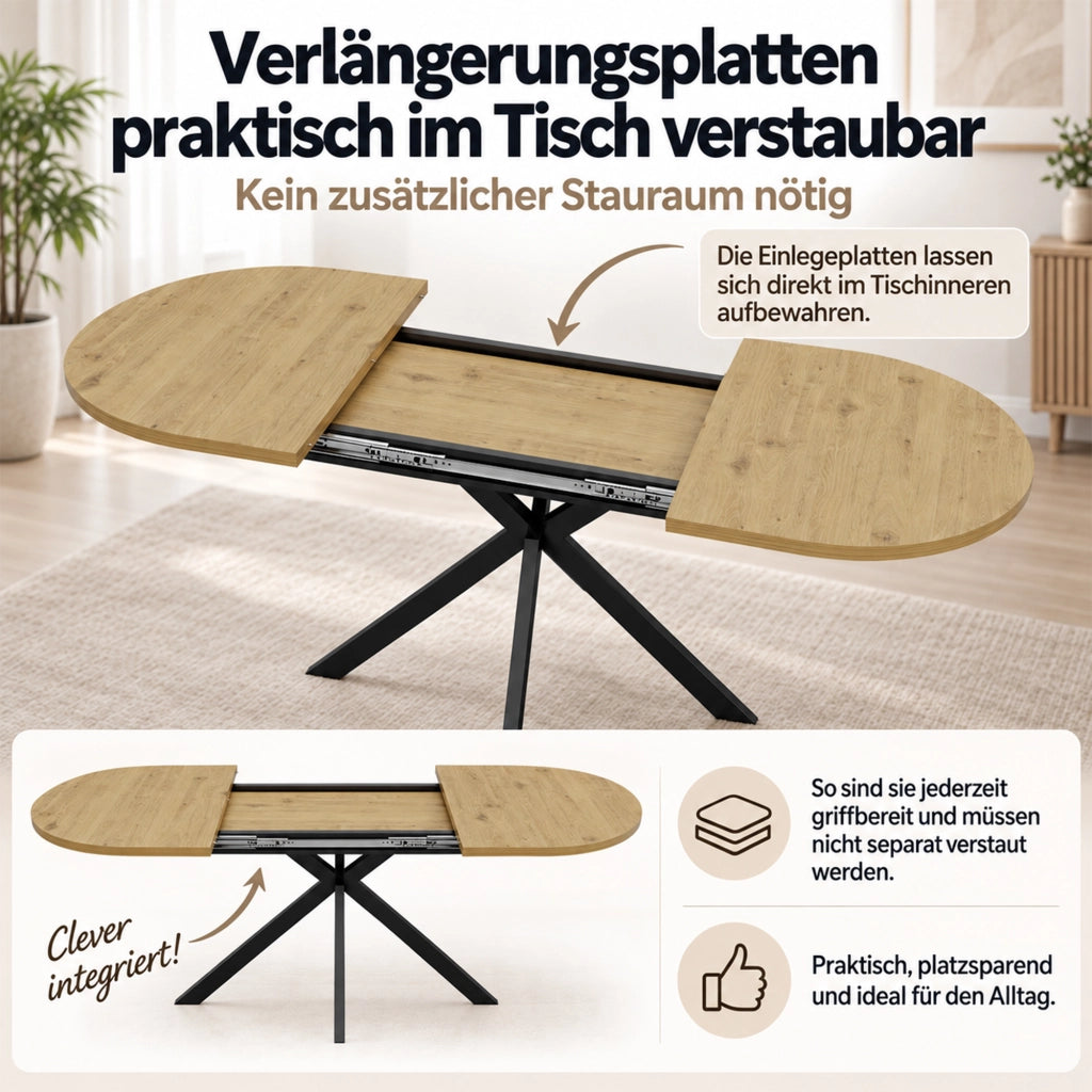 Tavolo da Pranzo Ovale Allungabile 120-160x80 cm 4-6 Posti LEMONMAX; Prolunga Integrata; Piano MDF Effetto Legno e Gambe in Metallo; H 75 cm