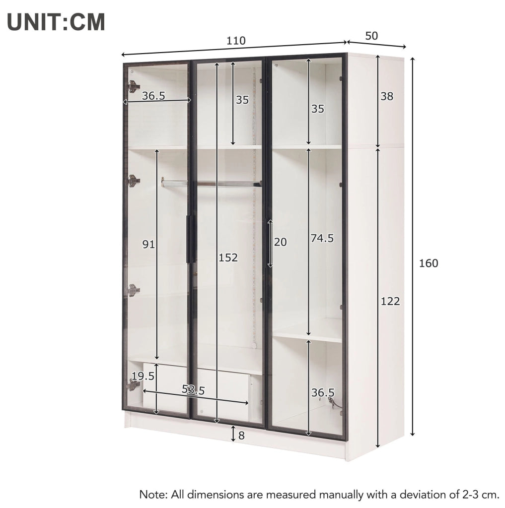 Armadio bianco spazioso con 3 ante in vetro, 1 cassetto, barra appendiabiti e luce LED - 110x50x160 cm