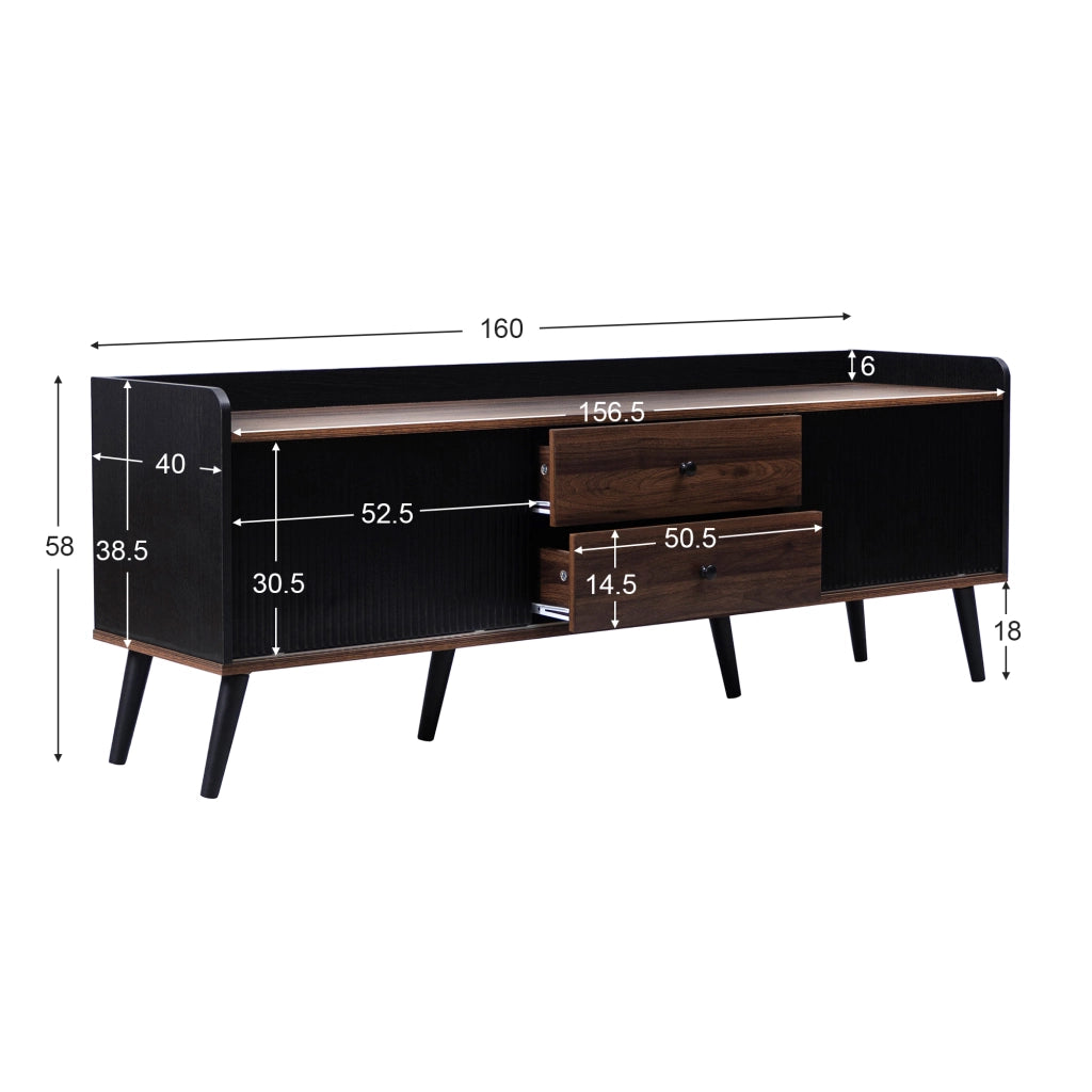Mobile TV con due ante scorrevoli a righe e due cassetti in pannello truciolare nero e legno 160 × 40 × 58 cm