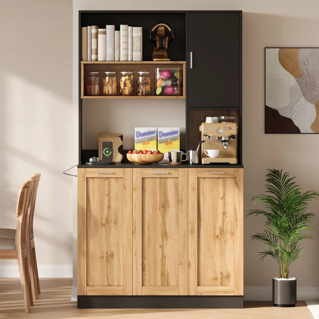 Mobile colonna cucina con LED RGB prese e ripiani regolabili MDF naturale e nero 100 × 40 × 180 cm