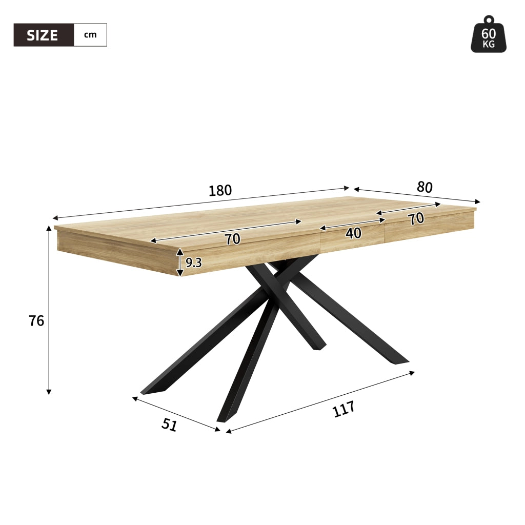 Tavolo da Pranzo Allungabile ¨C MINIMAL ¨C Rovere, Piano Rettangolare, Gambe in Metallo, 140/180x80 cm