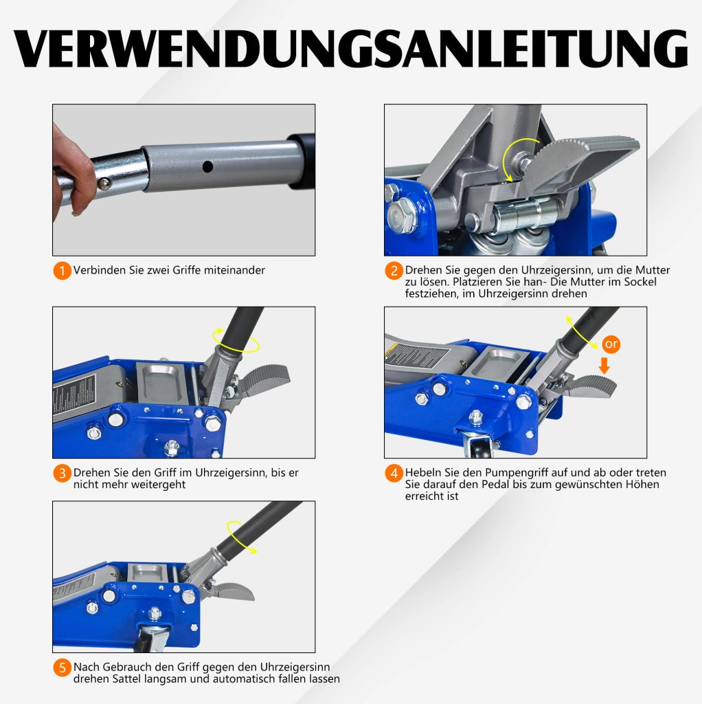 Cric idraulico a carrello ULEVR 3 t con doppia pompa e pedale, altezza 75-505 mm, blu e argento
