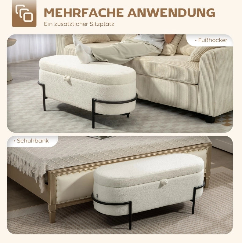Panchetta con spazio contenitore 69L, seduta imbottita in fleece crema, gambe in acciaio, 114,5x40x48 cm