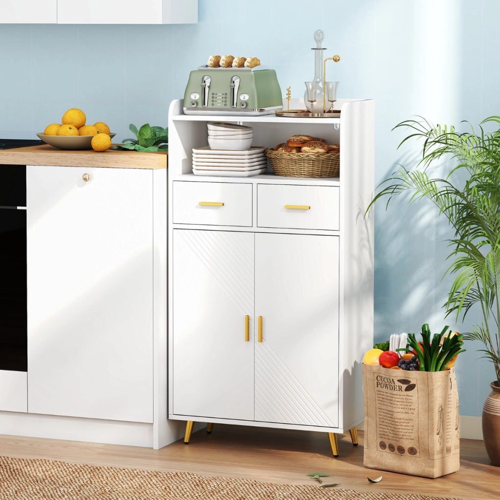 Mobile dispensa 113 cm con ante 2 cassetti e ripiano regolabile per bagno, Armadio da cucina sala da pranzo soggiorno Bianco