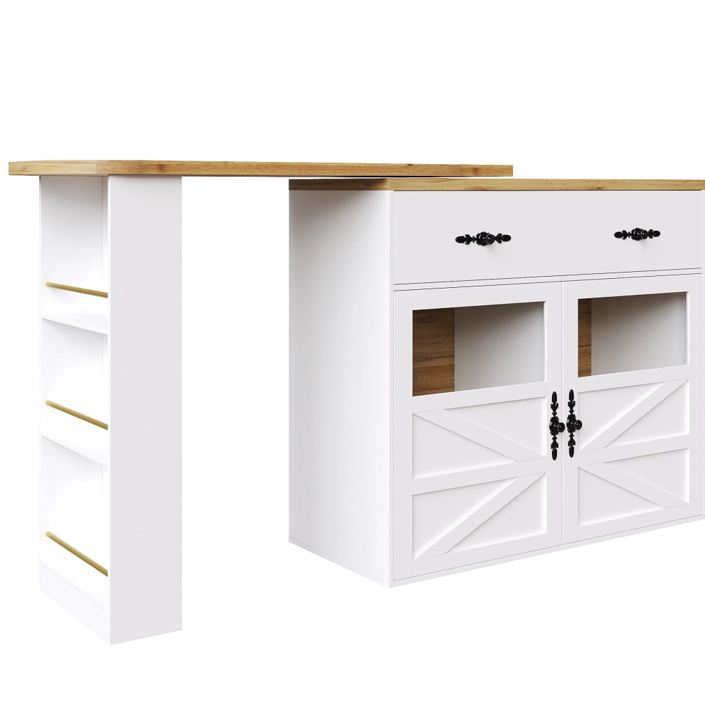 Tavolo bar girevole ed estensibile con contenitore 138-204x39x104 cm in MDF bianco con ripiani