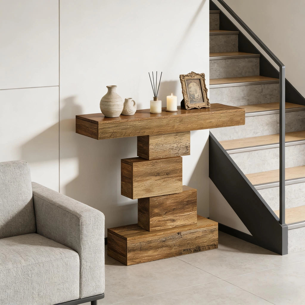Consolle con base geometrica a gradini per ingresso, in pannelli truciolari E1 marrone chiaro, 108 × 30 × 80 cm