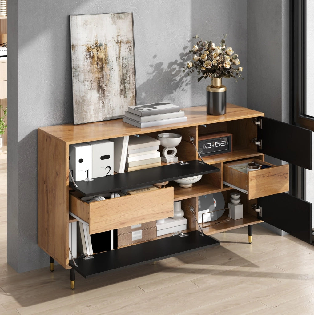 Sideboard bicolore con 2 cassetti; vano aperto e ante a ribalta; MDF e truciolare; nero e naturale