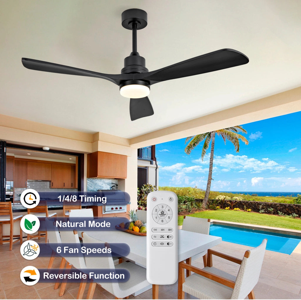 Ventilatore da soffitto 52" in legno massiccio con pale nere, illuminazione LED dimmerabile e telecomando
