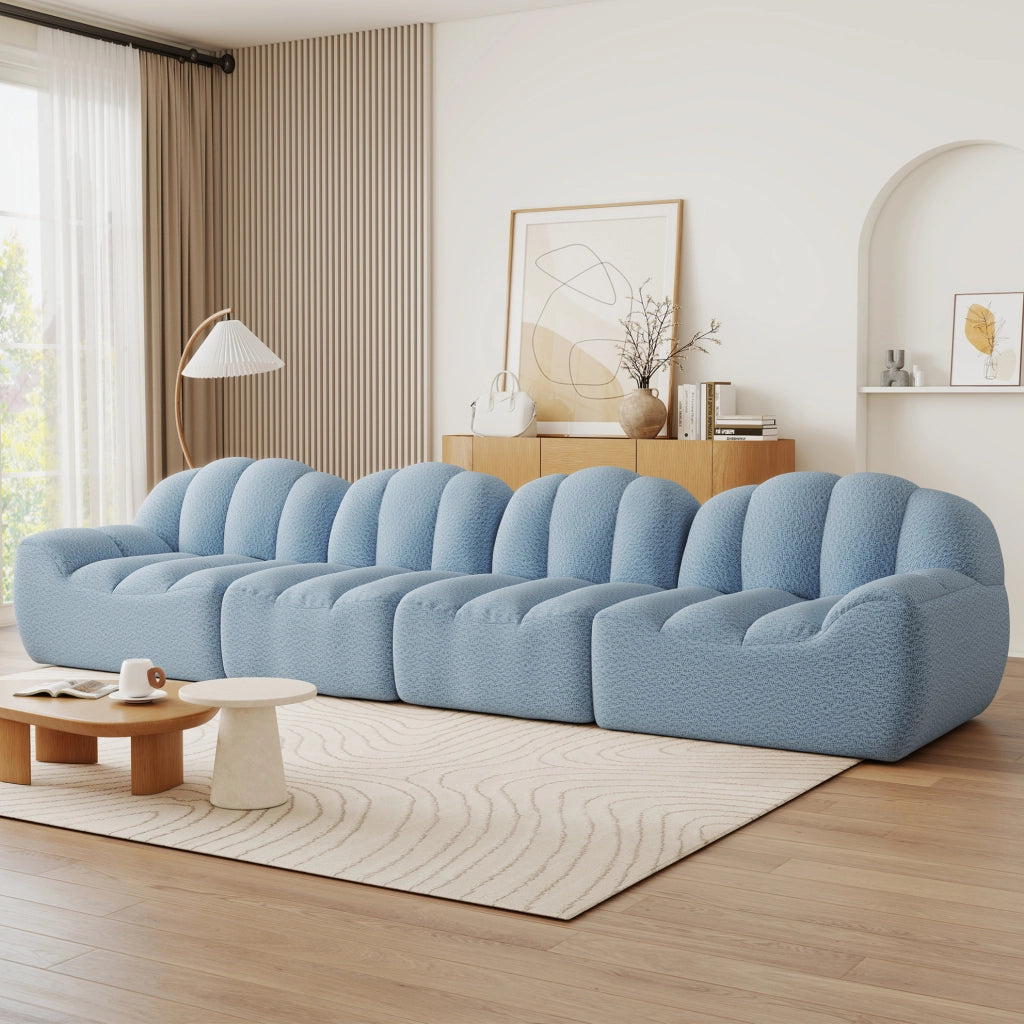 Divano modulare 366x104x79 cm in tessuto blu, 4 posti, senza montaggio