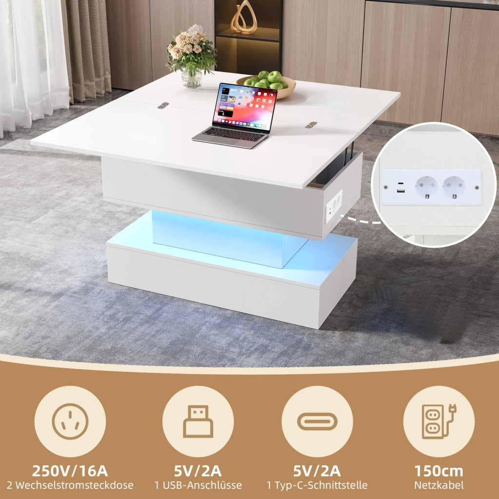Tavolino elevabile bianco con LED, prese integrate e vano contenitore
