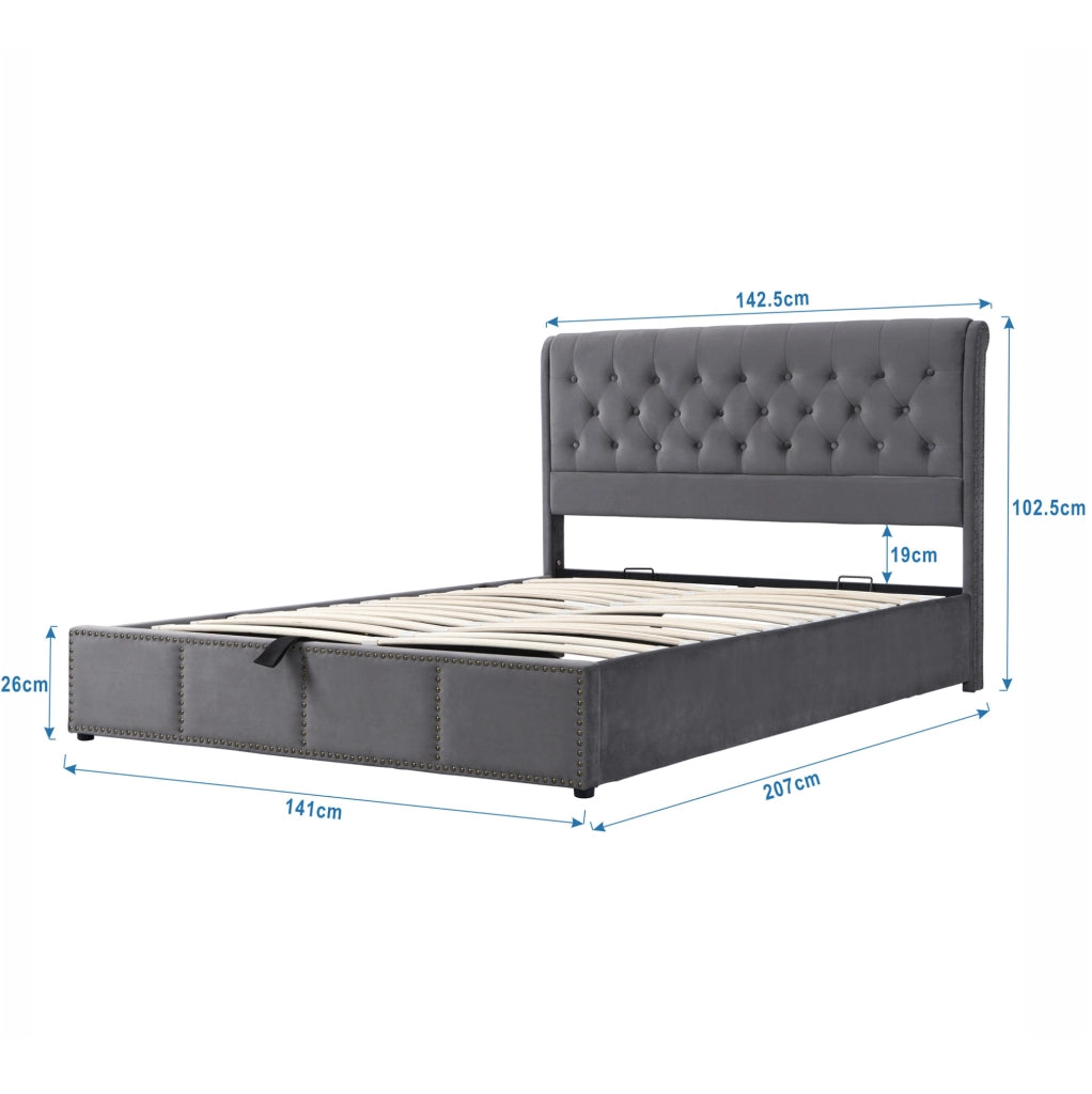 Letto matrimoniale 140x200 cm con contenitore e panca; velluto grigio