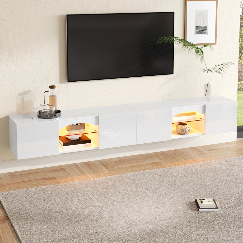 Mobile TV con 4 ante; 2 vani aperti con ripiani in vetro e LED regolabili tramite app; bianco 200 × 30 × 28 cm