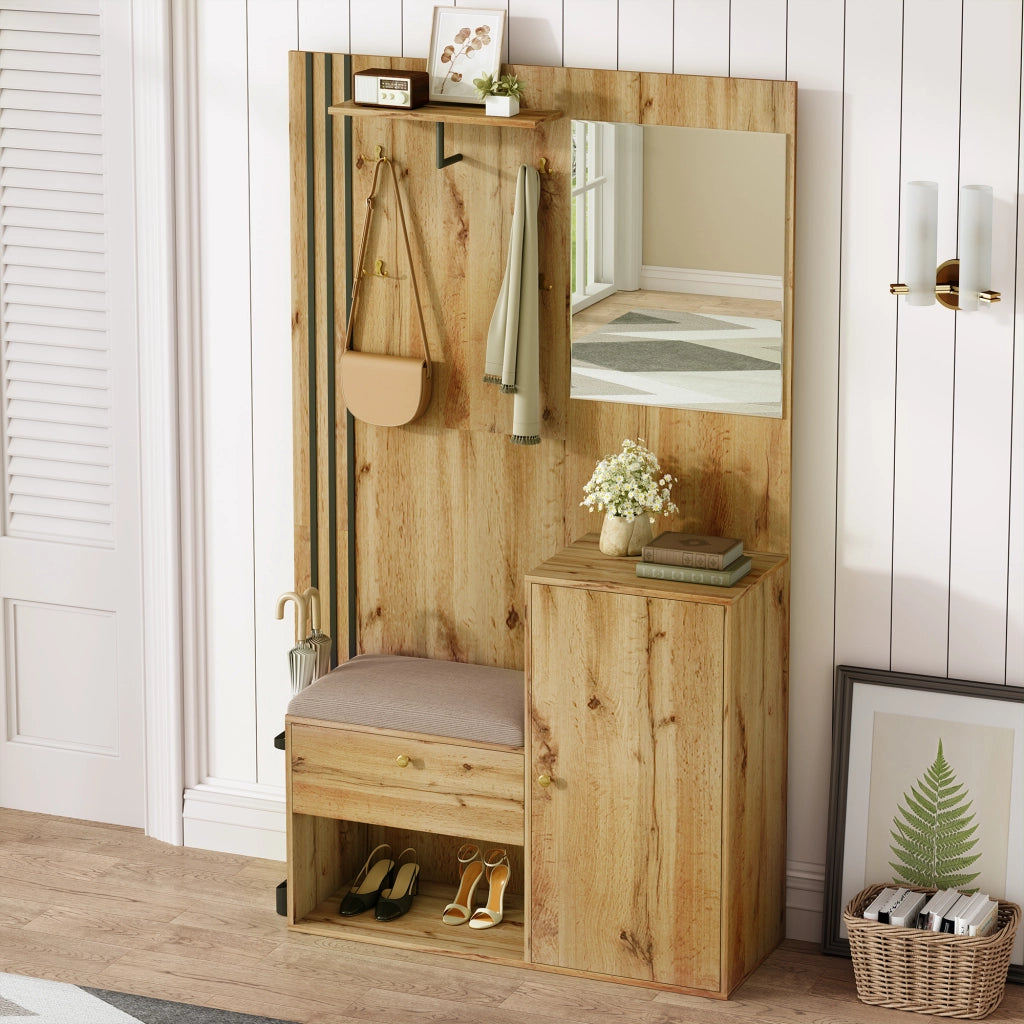 Mobile da ingresso con specchio e seduta imbottita, ripiani regolabili, in MDF naturale e nero, 115 × 37 × 185 cm