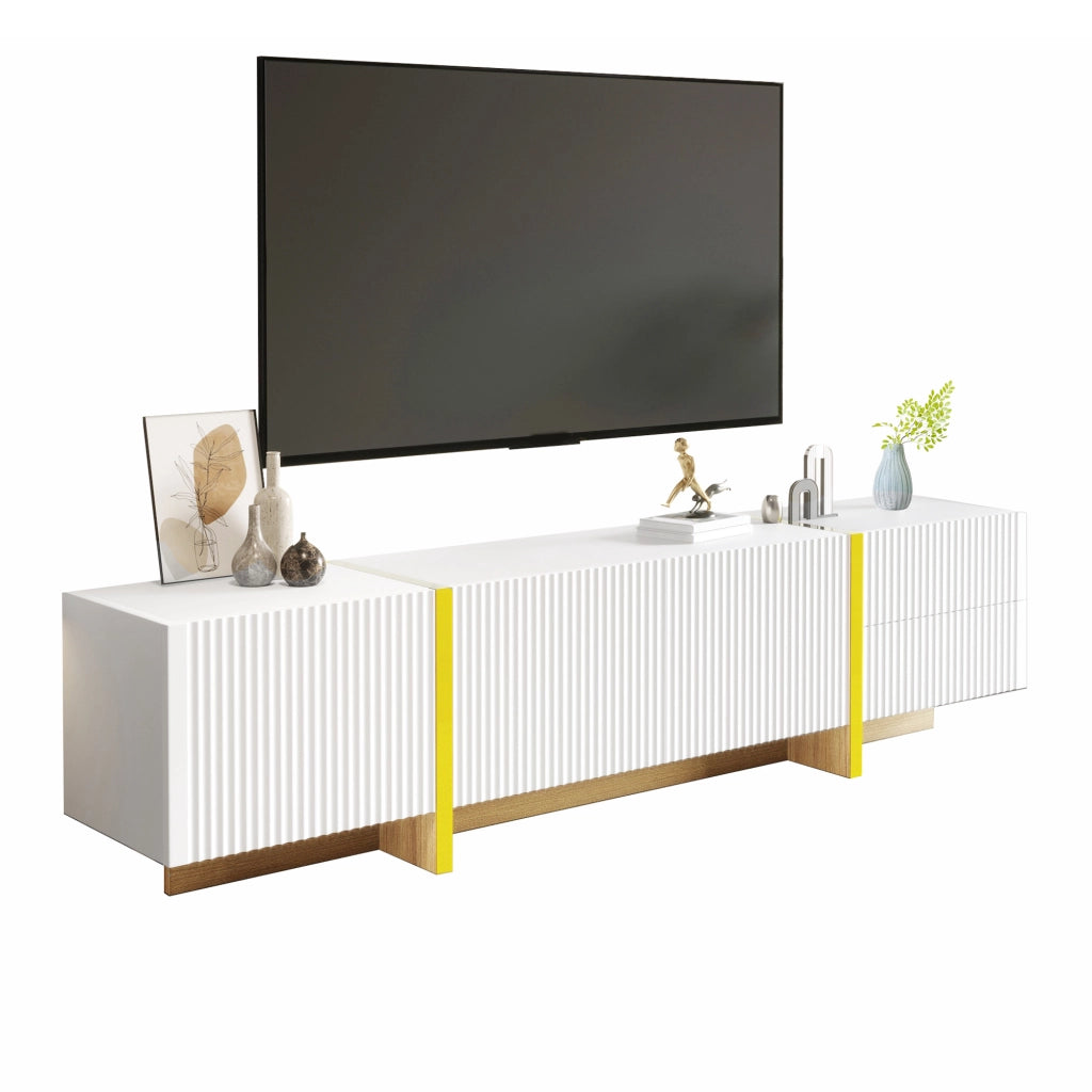 Mobile TV 190x35x45 cm con 3 ante e 2 cassetti in MDF; bianco e oro