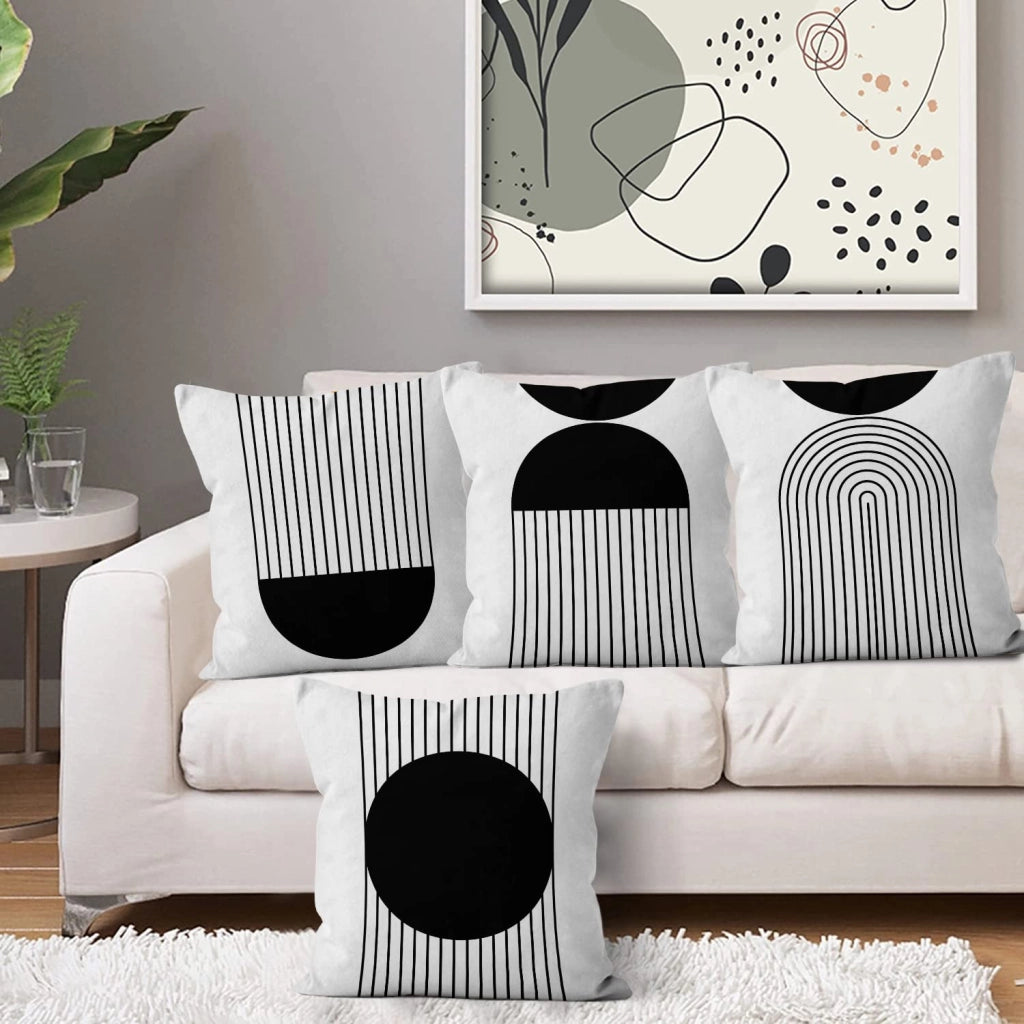 Coperte per cuscini, 45x45 cm, set da 4, lino, bianco e nero, motivo geometrico, stile boho