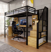 Letto alto 90 x 200 cm in metallo e MDF con scrivania; armadio; scala contenitore e porta USB; nero