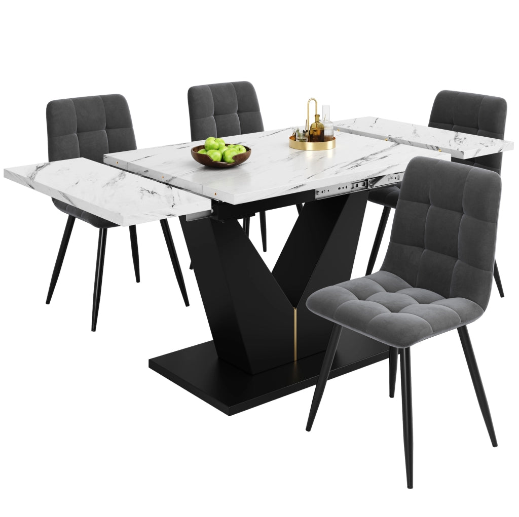Set da pranzo 5 pezzi con tavolo e 4 sedie; base regolabile; MDF e velluto multicolore