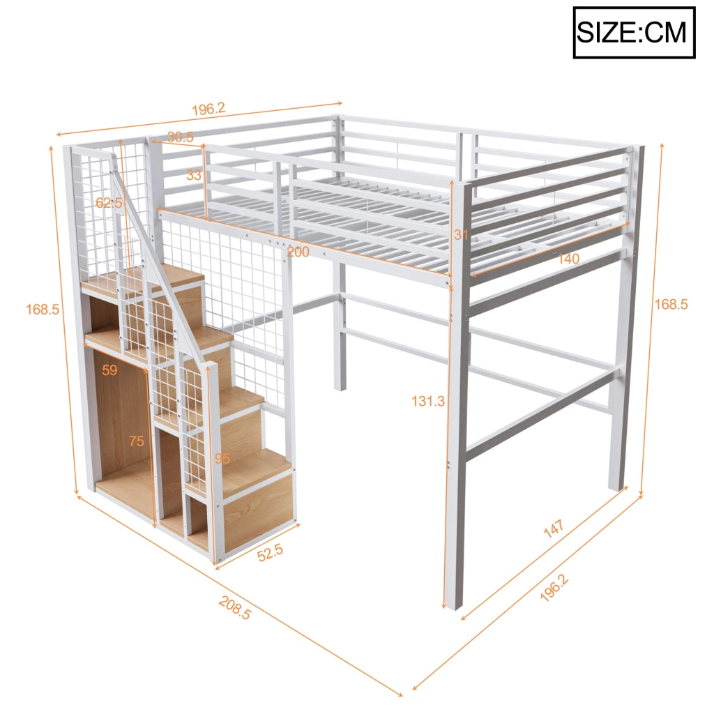 Letto a soppalco 140 × 200 cm con armadio integrato e scala in metallo e MDF