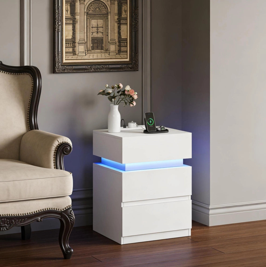 Comodino bianco con LED regolabile, 2 prese, USB e 2 cassetti