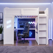 Letto a soppalco gaming 90 × 200 cm con scrivania led usb type-c legno di pino bianco due cassetti