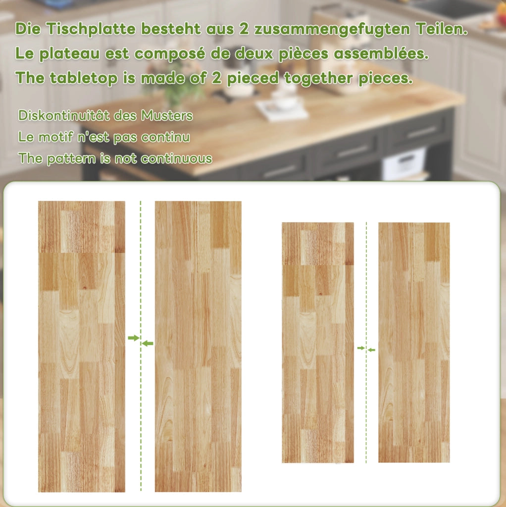 Isola da cucina 150x90x90 cm con tavolo estraibile 80x96 cm; MDF naturale e nero