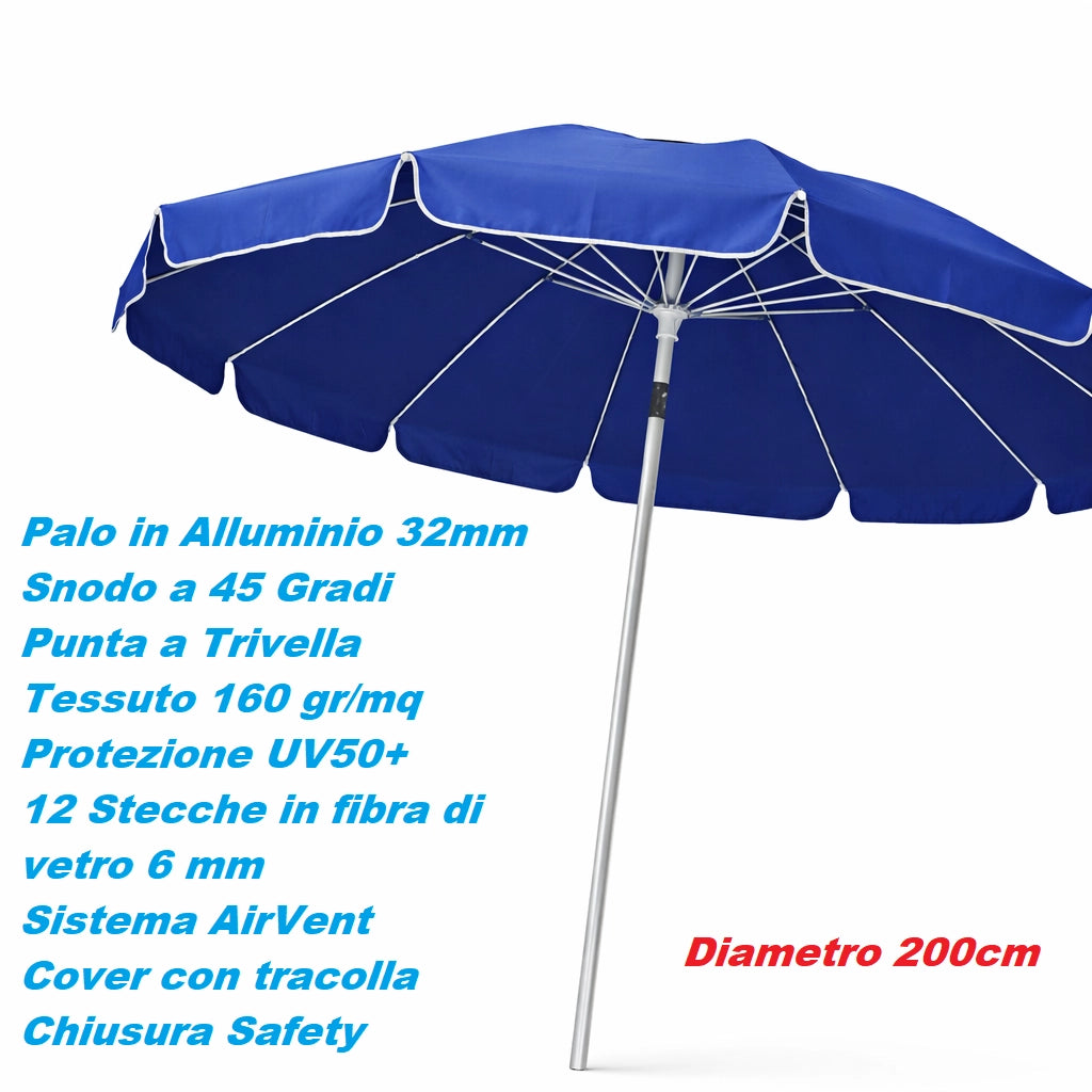 Ombrellone Mare Spiaggia 200 cm 12 Stecche Antivento Alluminio UV50+ Inclinabile Custodia Blu